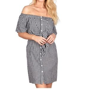 Black Plaid Tie-Front Off-Shoulder Dress